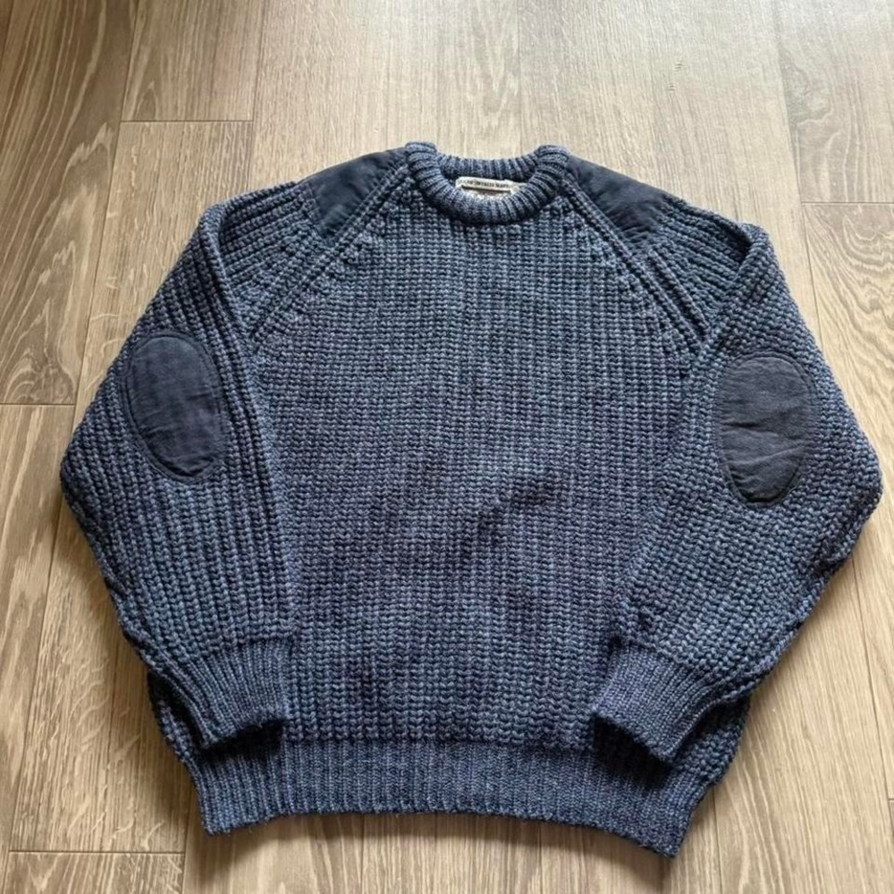 Aran Sweater Market Mens Medium Navy 100% Wool Chunky Knit Elbow Patch Sweater